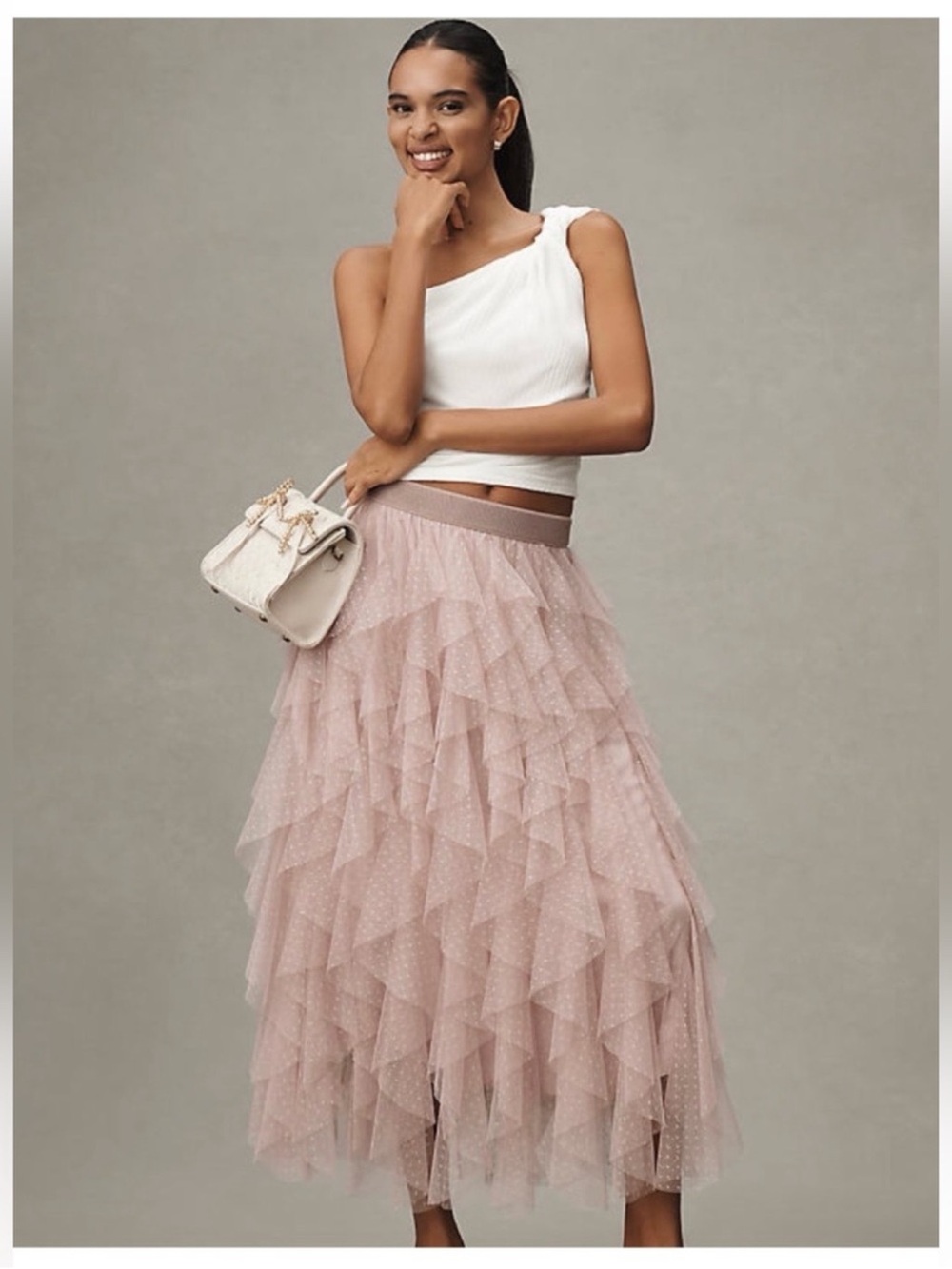 Anthropologie Dusty Blush Tiered Tulle Maxi Skirt